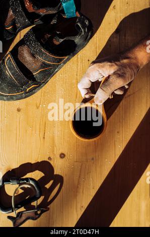coffee cup on a table at a climbing gym Stock Photo