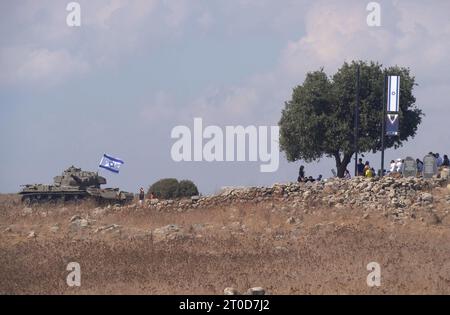 Israeli civilians visit a memorial site for IDF fallen soldiers of artillery battalion 405 located in a site of one of the most critical battles of the Yom Kippur War in the Golan Heights, Israel. Stock Photo