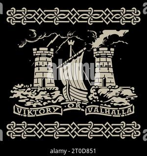 Scandinavian Viking design. Viking ship Drakkar sails on the waves of the stormy sea Stock Vector
