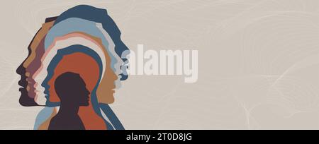 Mental health concept. Multiple overlapping heads silhouette.  Metaphor bipolar disorder mind mental. Split personality.Mood disorder.Psychology Stock Vector