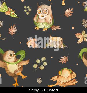 Autumn seamless pattern with cute cartoon owls and leaves. Watercolor children illustration on a black background. for design. Stock Photo