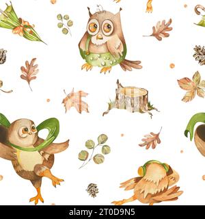 Autumn seamless pattern with cute cartoon owls and leaves. Watercolor children illustration on a white background. for design. Stock Photo