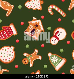 Gingerbread cookies seamless pattern in cartoon style. Winter baked goods in shape of house, gingerbread man, christmas tree, reindeer, mitten Stock Vector