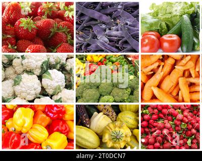 Collage of diverse local products images featuring fresh organic fruit and vegetables like strawberries, paprika, coliflower horseradish, purple bean Stock Photo