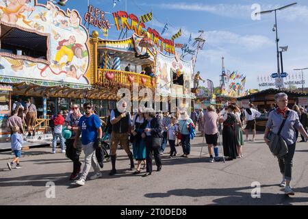 Munich, Germany - October 1, 2023. People at Oktoberfest 2023, the world famous beer festival in the Bavarian culture called d' Wiesn, in Munich Stock Photo