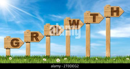 Six wooden directional signs with text Growth, on a countryside landscape, green grass and daisy flowers against a blue sky with clouds and sunbeams. Stock Photo