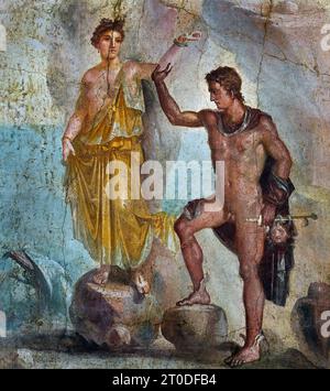 Perseus freeing Andromeda, Fresco Pompeii Roman City is located near Naples in the Campania region of Italy. Pompeii was buried under 4-6 m of volcanic ash and pumice in the eruption of Mount Vesuvius in AD 79. Italy Stock Photo