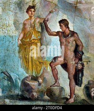 Perseus freeing Andromeda, Fresco Pompeii Roman City is located near Naples in the Campania region of Italy. Pompeii was buried under 4-6 m of volcanic ash and pumice in the eruption of Mount Vesuvius in AD 79. Italy Stock Photo