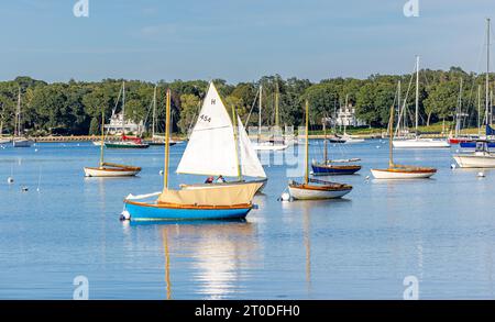 boats on mooriing in dering harbor, shelter island, ny Stock Photo