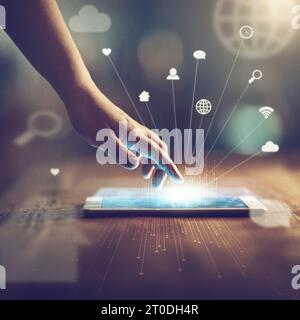 Holographic icons, tablet and person hands on screen for 3d application, social media network and connectivity. User typing or press digital Stock Photo