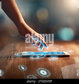 Hands, screen and tablet hologram of icons with 3d application, social media network and integration software. Person press on digital technology for Stock Photo