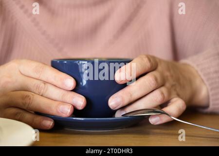 Coffee Cup, Lady's Hands Holding Cappuccino. Unrecognized Woman Wearing Warm Knitted Sweater with Blue Mug of Latte. Cafe Table. Close Up. Cropped Sho Stock Photo