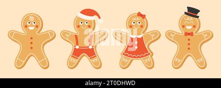 Collection of xmas gingerbread man and woman in flat style. Christmas homemade cookies and sweets. Vector illustration Stock Vector