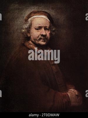 The 1916 caption reads: 'Rembrandt 1606-1669  Dutch school of mnsterdam-Rembrandt in Old Age. National Gallery. Painted about 1659. in oil on canvas. 2 ft 9 in h  x  2 ft 3.5 in w.' The Dutch artist Rembrandt (1606-1669) (full name-Rembrandt Harmenszoon van Rijn) was a Dutch Golden Age painter, printmaker, and draughtsman and of the Dutch School of Amsterdam. Rembrandt painted this one of himself in old age. An innovative and prolific master in three media, Rembrandt is generally considered one of the greatest visual artists in the history of art. Stock Photo