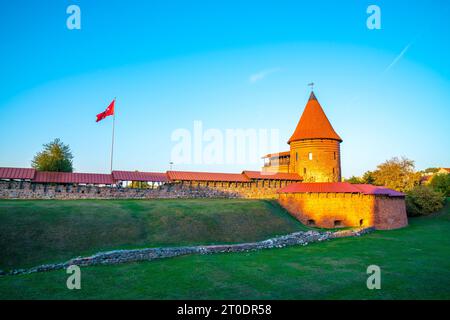 Lithuania, Kaunas castle building and flag in warm sunset light, ancient red brick wall and tower Stock Photo