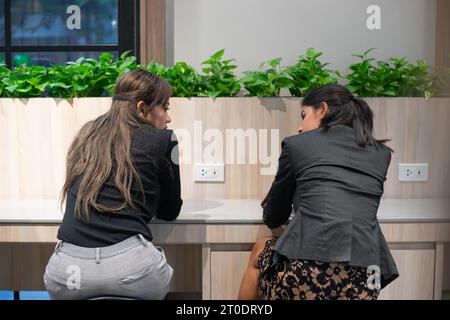 Young Asian Indian businesswoman talking with her colleague at a workspace. Stock Photo