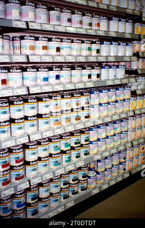 Diy Store Dulux and Crown Paint On Shelves Surrey England Stock Photo