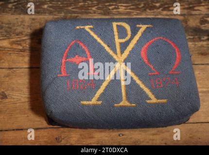 St Luke's Church Chi-Rho with Alpha and Omega symbol Commemorating the Punjab Frontier Force based in India from  1824-1974 Embroidered on Prayer Knee Stock Photo