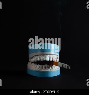 Plaster model of the jaw with a cigarette on a black background. Smoking harms your teeth. Stock Photo