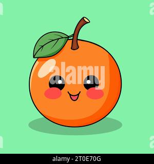 A charming Kawaii-style orange illustration, featuring a cheerful orange fruit with a friendly face, blushing cheeks, and a happy demeano in kawaii Stock Vector