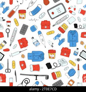 Seamless pattern with medical elements a medical gown, a jar of tests, a medical mask, a pipette and much more. Stock Vector