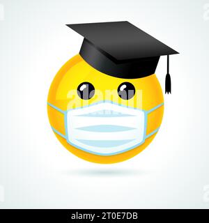 Emoji icon with academic cap and medical guard. Smiling yellow emoticon wearing a white mask. Stock Vector