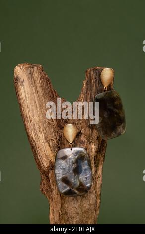 Stylish earrings on wooden branch over beige background. Jewelry fashion photography concept. studio shot Stock Photo