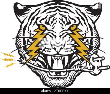 Tiger Face with Lightning Bolts and Power Plug in its Mouth. Vector Illustration. Stock Vector