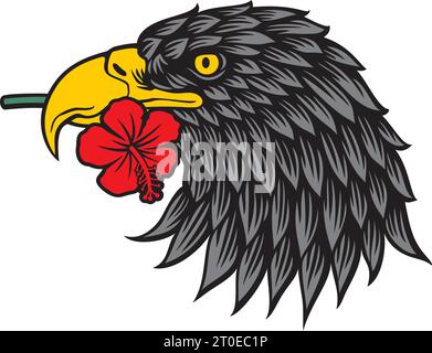 Eagle Head in Profile with Hibiscus Flower in its Beak. Vector Illustration. Stock Vector