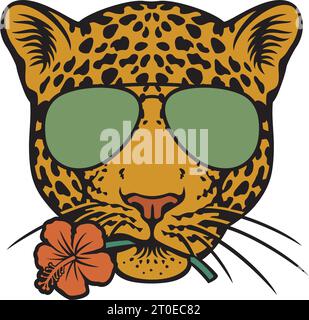 Jaguar Head with Aviator Sunglasses and Hibiscus Flower. Vector Illustration. Stock Vector
