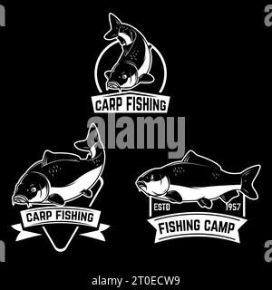 Set of carp fishing emblems in monochrome style. Carp fish logo, label, sign, poster, badge. Stock Vector
