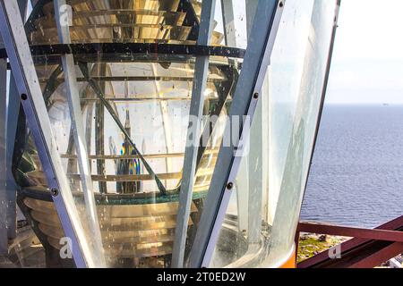 Offshore light tower, landmark beacon, lantern structure for light-optical apparatus. Flashing beacon, Fresnel diopter lenses. Russian lighthouse buil Stock Photo