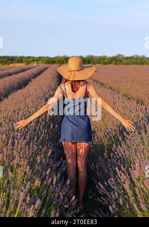 young slender top model girl in jeans dress and miniskirt and straw hat among lavender flowers at sunset Stock Photo