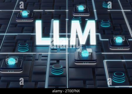 Large Language Model LLM concept. Rendering of a 3d text with neural network infrastructure in a cloud data center Stock Photo