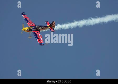 Lancaster, California, USA - March 25, 2017: A Zivko Edge 540 propeller stunt plane, sponsored by Red Bull, is shown performing. Stock Photo