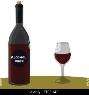 Alcohol free wine. Vector illustration. Glass and bottle of non alcoholic wine on the table. Stock Vector