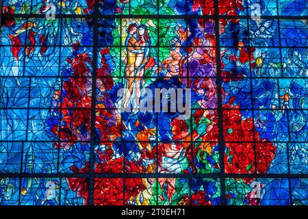 Stained glass window by Marc Chagall (Chagall window) in the Chapelle des Cordeliers, Saarebourg, Grand Est region, Moselle department, Grand Est, France. Stock Photo