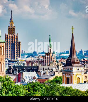 View from ship to the Academy of Sciences, St. John's Church and St. Mary Magdalene Church in Riga, Latvia Stock Photo