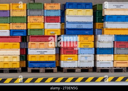 Colorful boxes for fish, fish boxes, port of Sassnitz, Mecklenburg-Western Pomerania, Germany Stock Photo