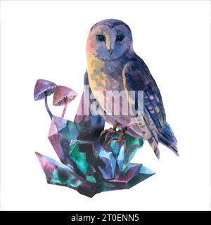 Watercolor composition owl is sitting on semiprecious of blue and purple crystals and fantasy toxic Halloween mushrooms. Hand drawn illustration isola Stock Vector