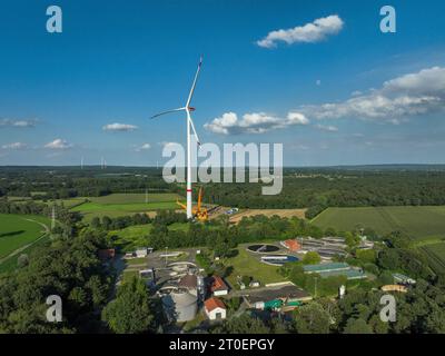 Dorsten, North Rhine-Westphalia, Germany - Construction of a wind turbine. Wind farm Grosse Heide. In front Klaeranlage Dorsten-Wulfen. Stock Photo