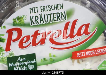 Viersen, Germany - June 9. 2023: Closeup of Petrella herbs chives fresh cheese Stock Photo