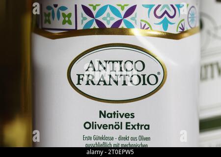 Viersen, Germany - June 9. 2023: Closeup of Antico Frantoio italian olive oil can Stock Photo