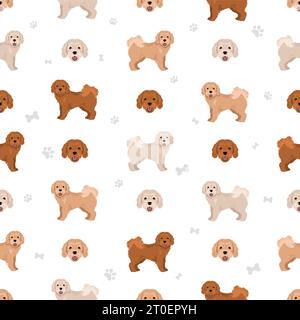 Cavapoo mix breed seamless pattern. Different poses, coat colors set ...