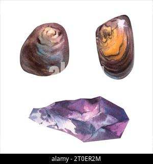Watercolor Natural Gemstones collection agat, jasper, amethyst. Hand drawn vector illustration isolated on white background Stock Vector