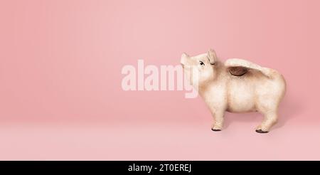 Flying pig in front of pink background. Side view of pigasus or winged piggy figurine standing and looking up. When pig fly concept, or beating imposs Stock Photo