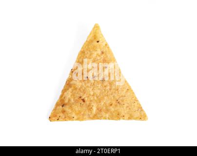 Isolated tortilla chip or nacho chips. Top view of one yellow triangle corn chip on white background. Mexican salty snack used for appetizer with sals Stock Photo