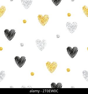 Hearts pattern. Seamless vector illustration with silver, black and golden heart. Stock Vector