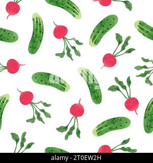 Seamless watercolor vegetables pattern. Vector food background with radish and cucumber Stock Vector