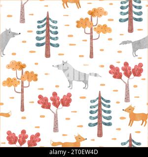 Seamless cartoon woodland pattern with fox and wolf. Vector watercolor forest illustration with colorful trees Stock Vector
